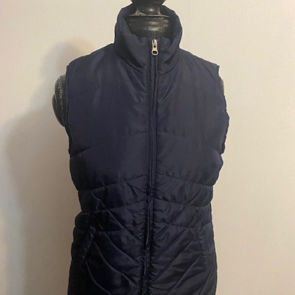 Kim Rogers Navy Blue High Neck Quilted front zip vest, size S